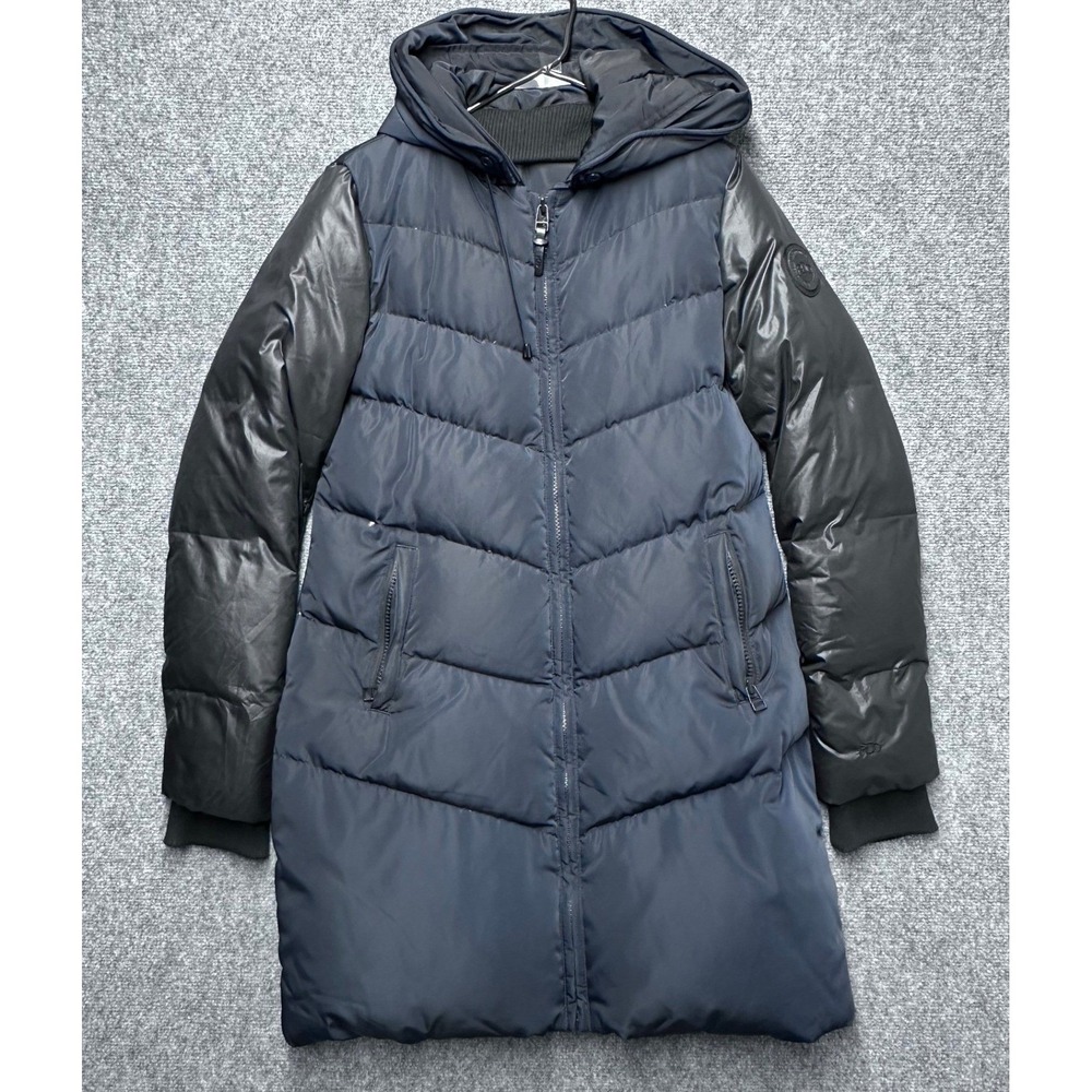 Rudsak Women's Black Puffer Coat Faux Leather Sleeves Hooded Parka Medium